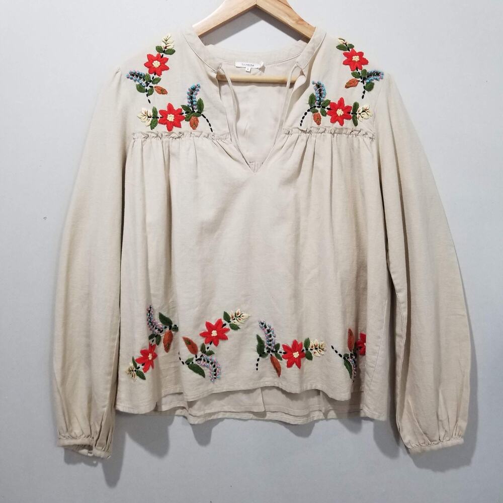 Tularosa Top Small Beige Embroidered Revolve Boho Peasant Floral Tassel Artsy - Picture 3 of 12